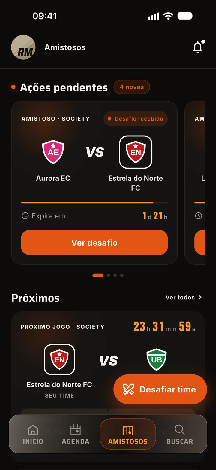 Aba Amistosos do app: desafio recebido do Aurora EC, prazo para responder e o próximo jogo com a contagem regressiva
