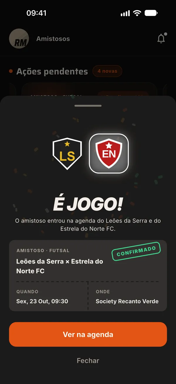 Tela do app com a mensagem É jogo! depois de aceitar o desafio de futsal