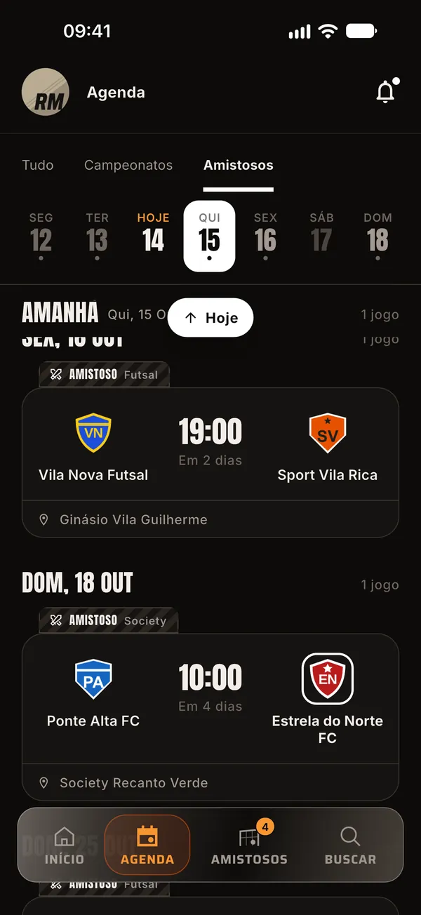 Agenda do app com os próximos amistosos