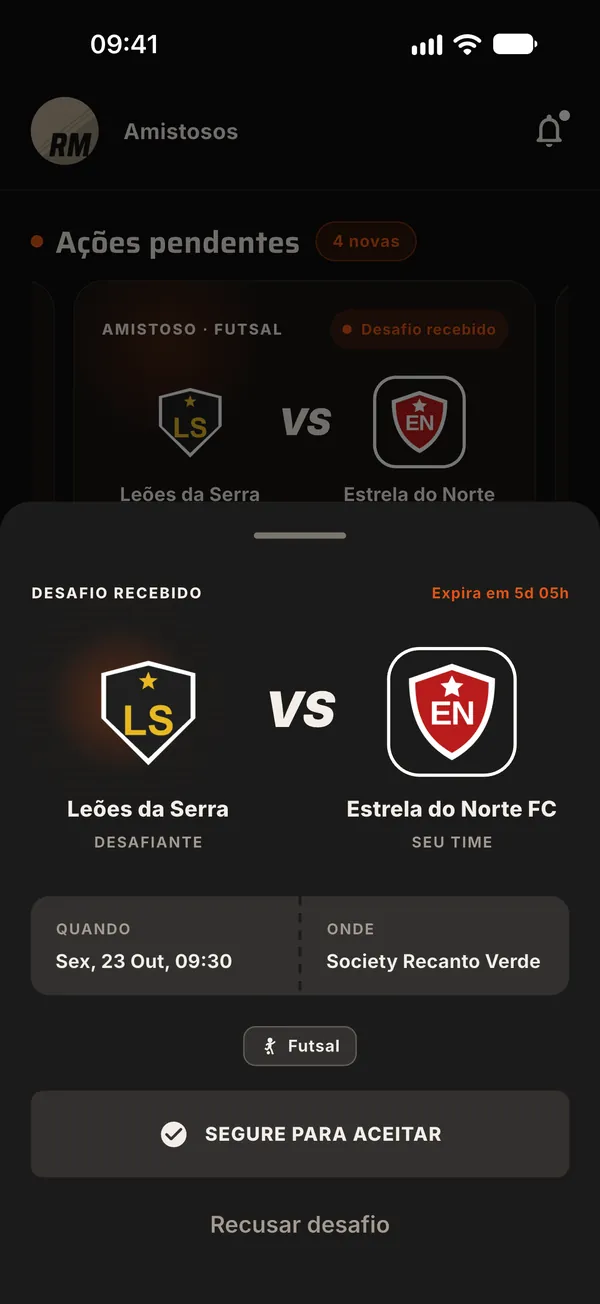 Desafio recebido, com data, local e o botão Segure para aceitar