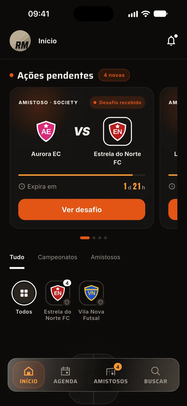 Início do app com o cartão Desafio recebido em Ações pendentes
