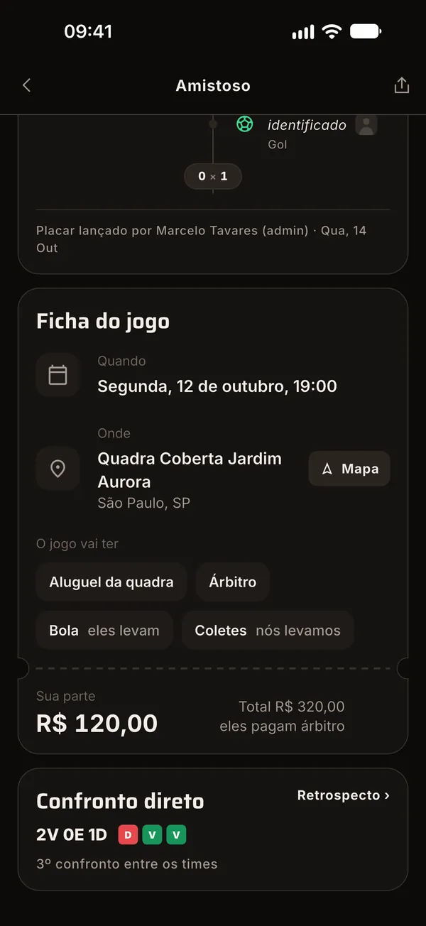 Ficha do jogo com local, custos e o confronto direto entre os times