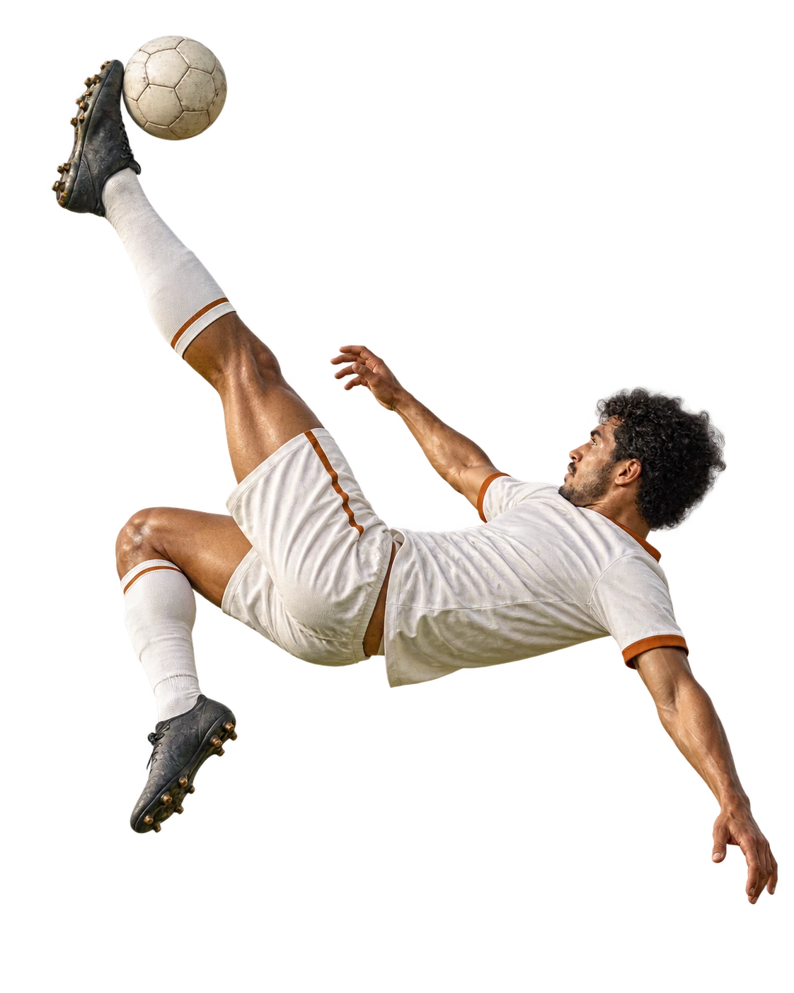 Jogador de futebol amador no ar, fazendo um chute de bicicleta