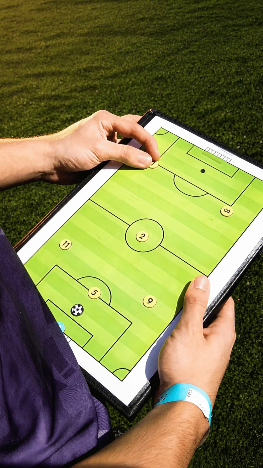 Mãos seguram uma prancheta com o desenho de um campo e a posição dos jogadores