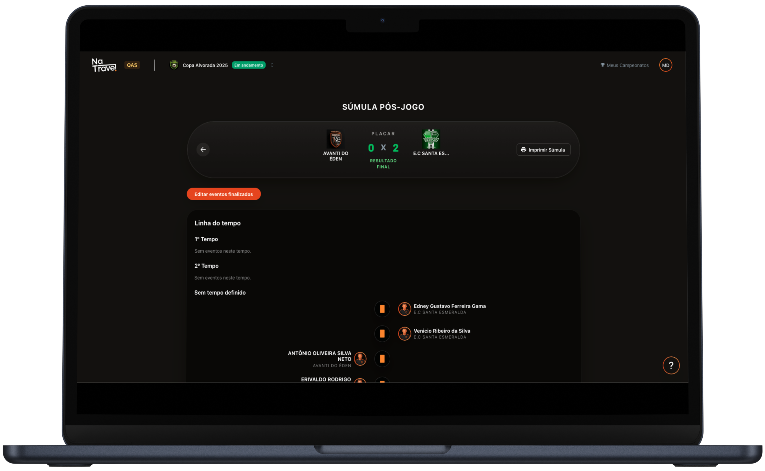 Súmula digital com gols, cartões e estatísticas atualizadas